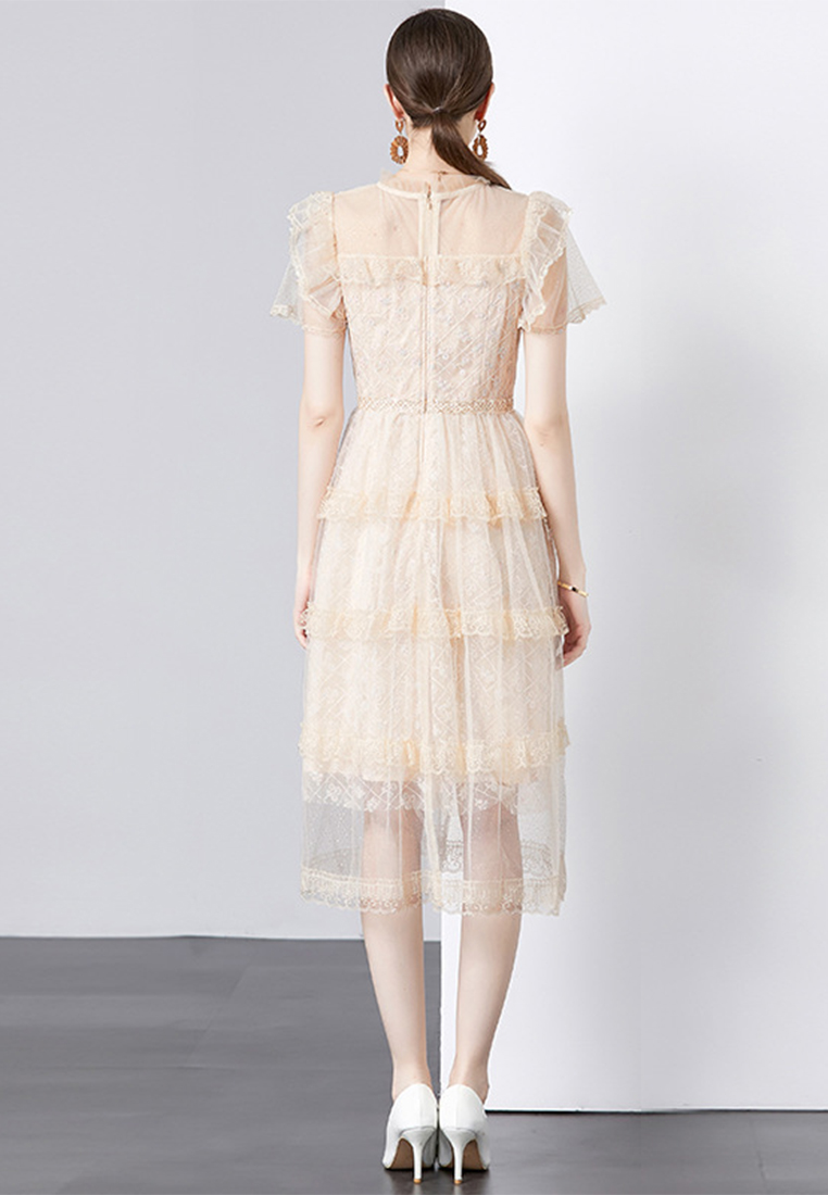 2024 New slim fit beige mid length dress CA24032603BE