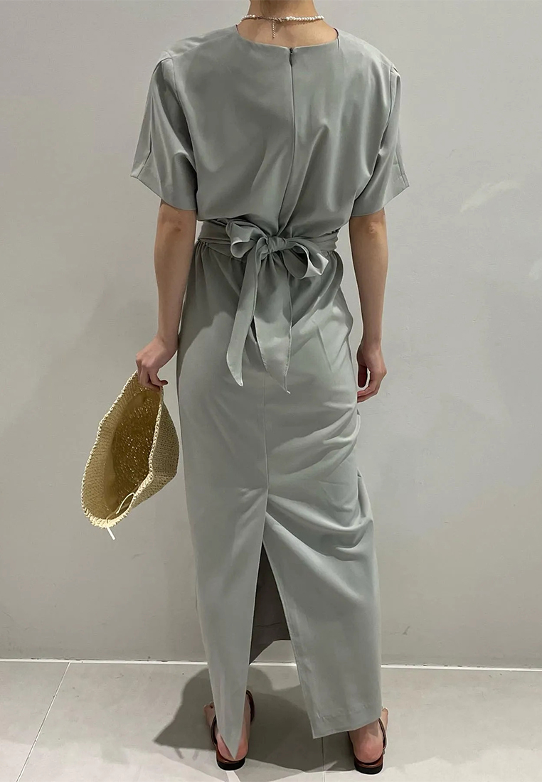 Korean chic irregular lace waist slit short sleeve dress CA24062003