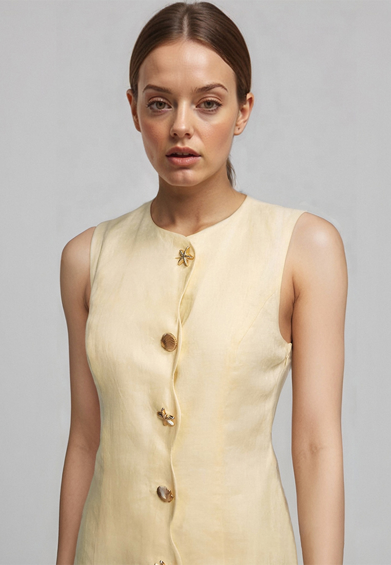 Intellectually elegant slim button up sleeveless dress CA25042203YE