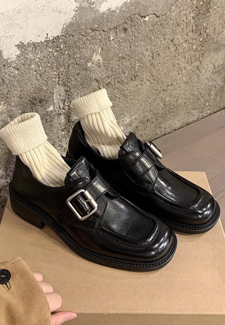 Square-toe buckle thick-heeled loafers CA25051601BK