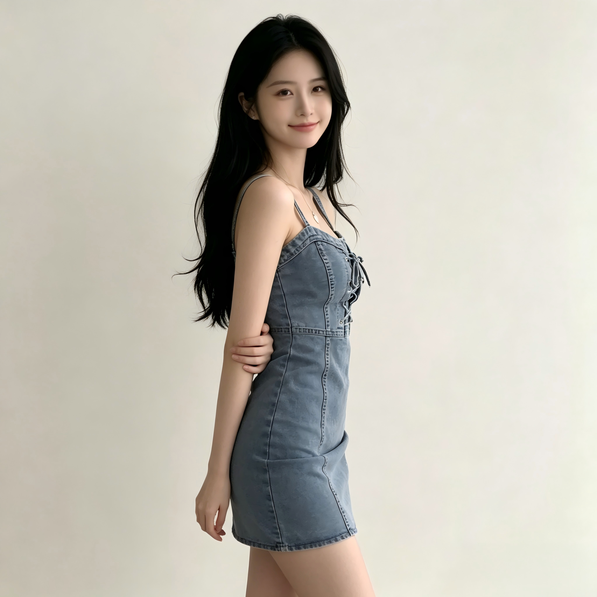Chic Style Lace-Up Spaghetti Strap Denim Mini Dress Multi Color K26042908