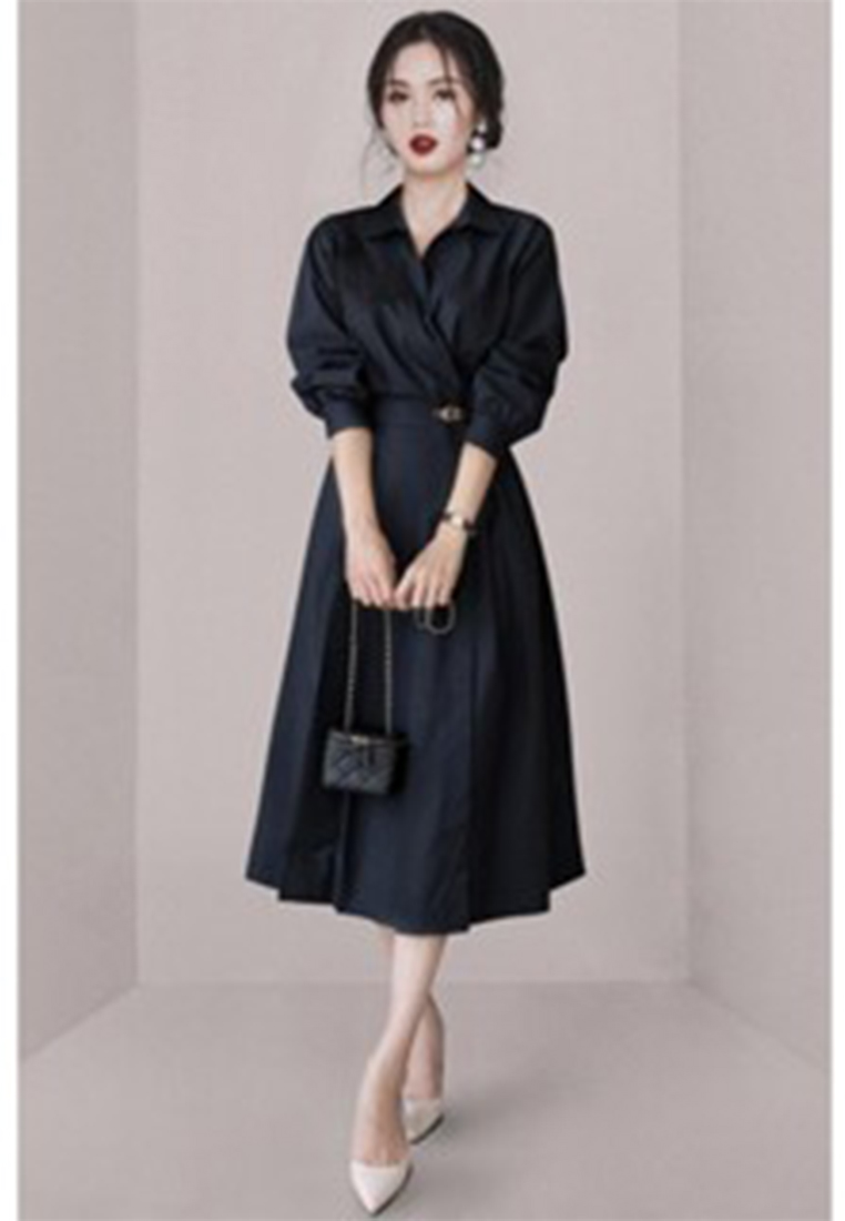 New Temperament Slimming Pleated Long Sleewe shirt office Dress