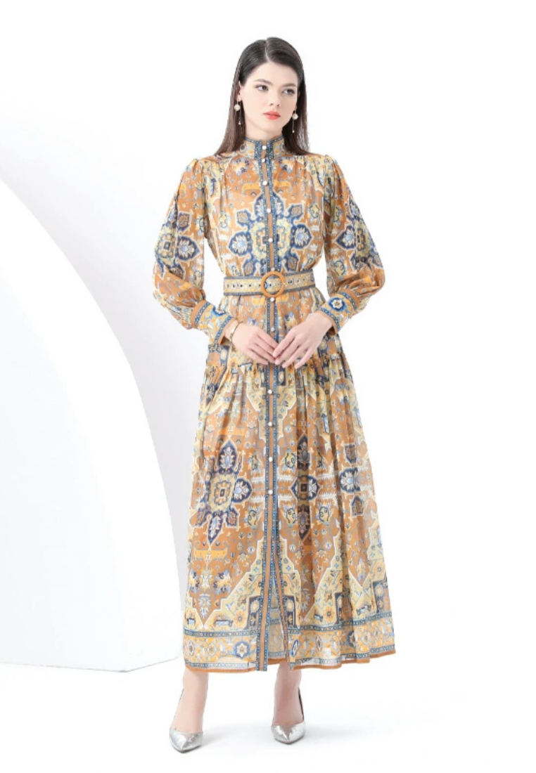 Vintage stand up collar wavy edge printed dress CA25031203YE