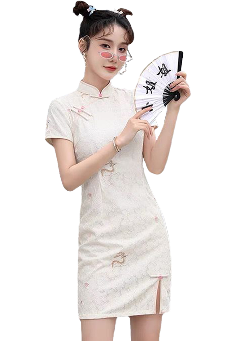Fashionable and elegant embroidered composite lace cheongsam dress CA122703BK