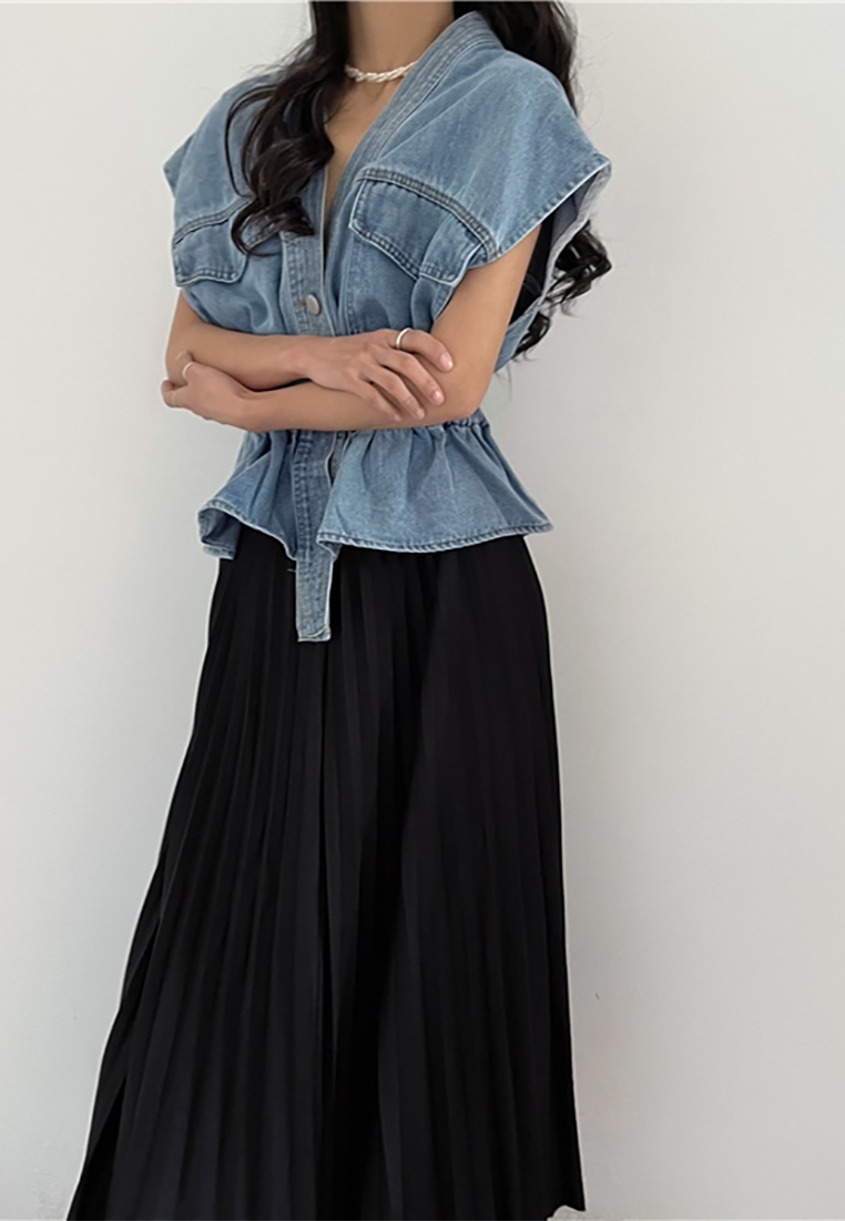 New summer product, sleeveless denim vest with waist and long skirt set CA25042903