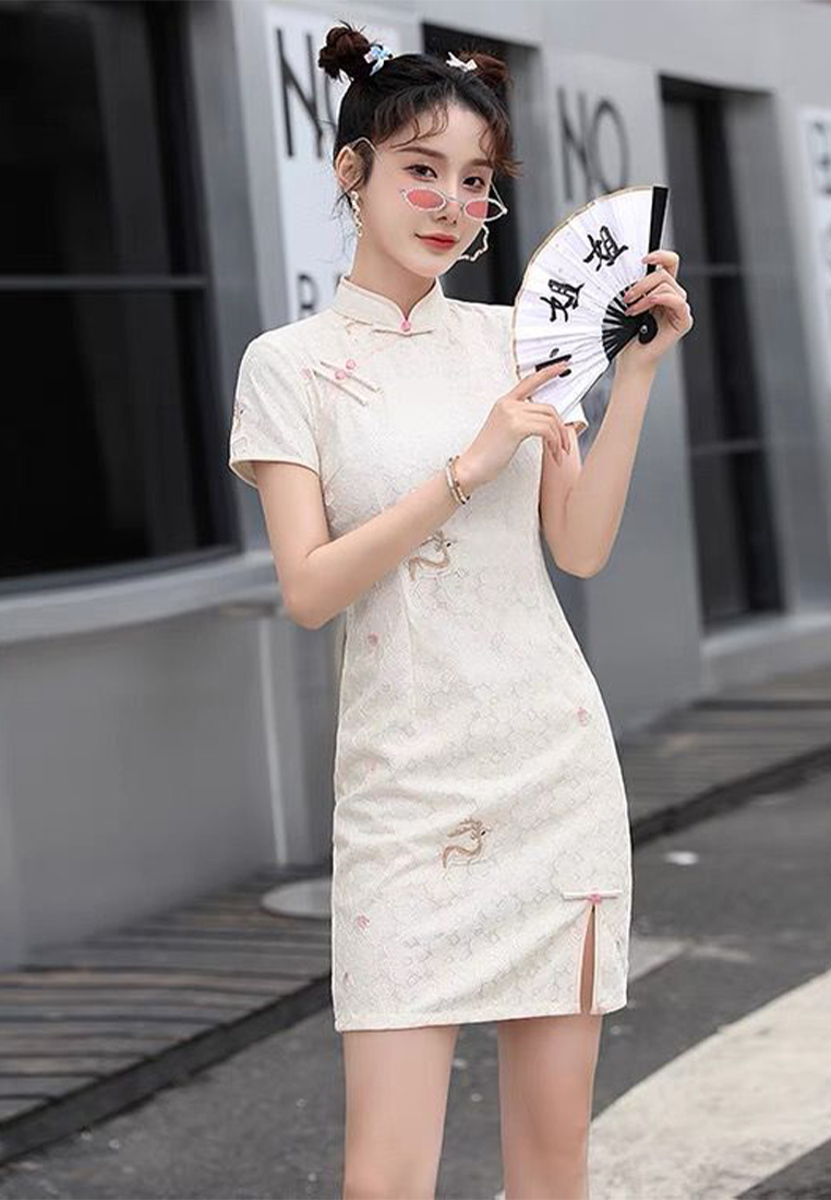 Fashionable and elegant embroidered composite lace cheongsam dress CA122703BK