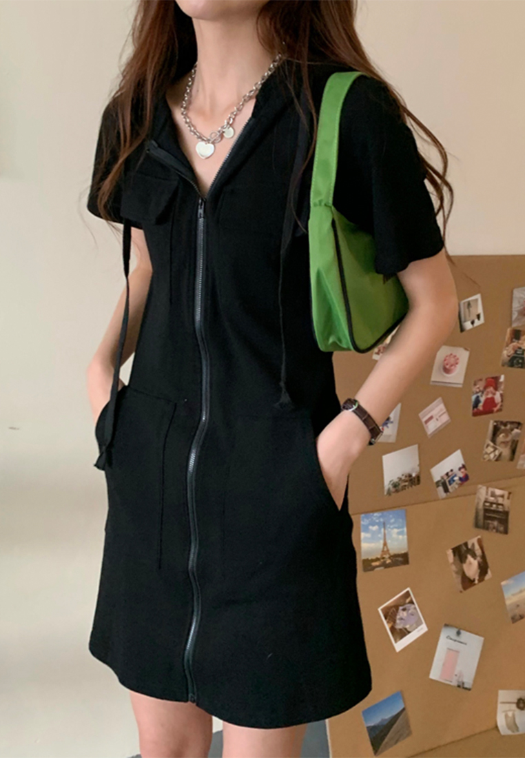 Korean style summer short-sleeved hooded midi dress CA24050603W