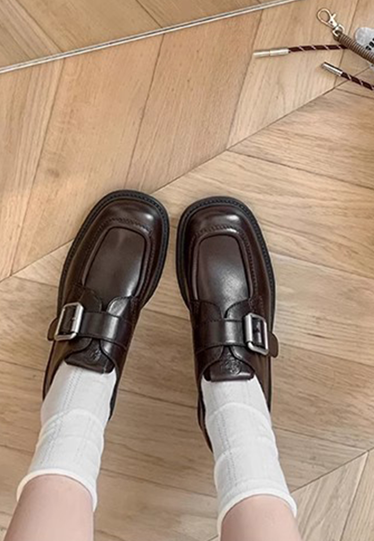 Square-toe buckle thick-heeled loafers CA25051601BK