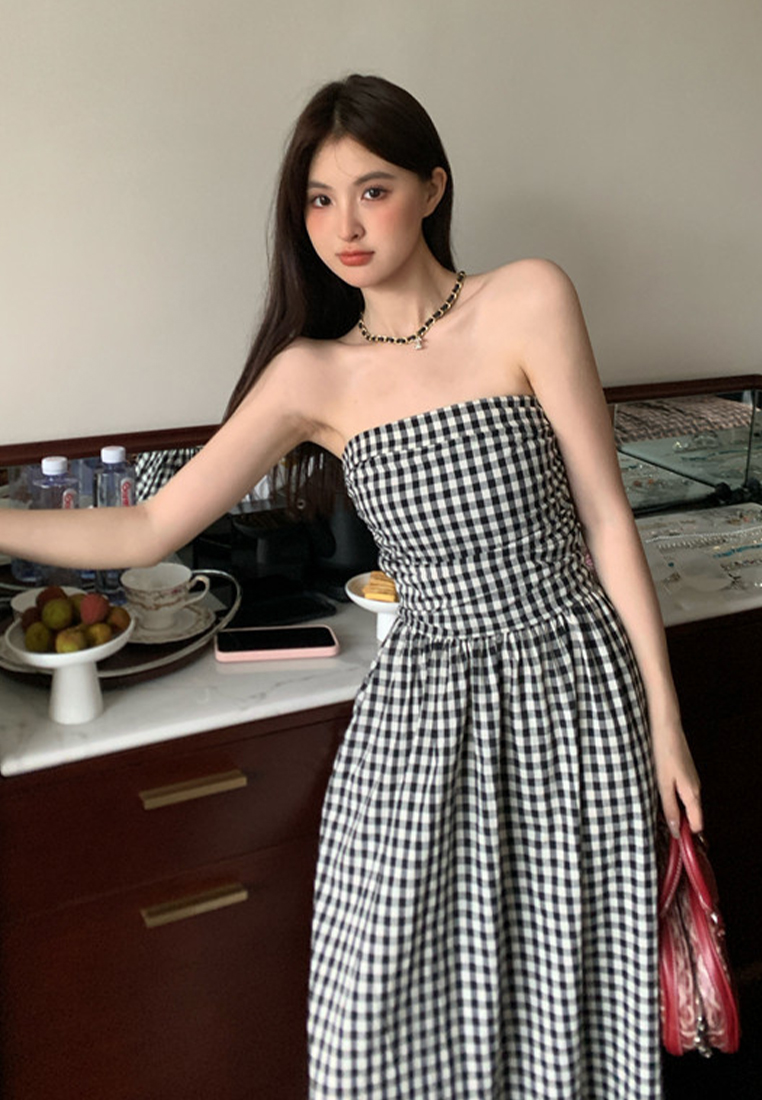 Summer new black and white checkered retro style dress CA25060303W