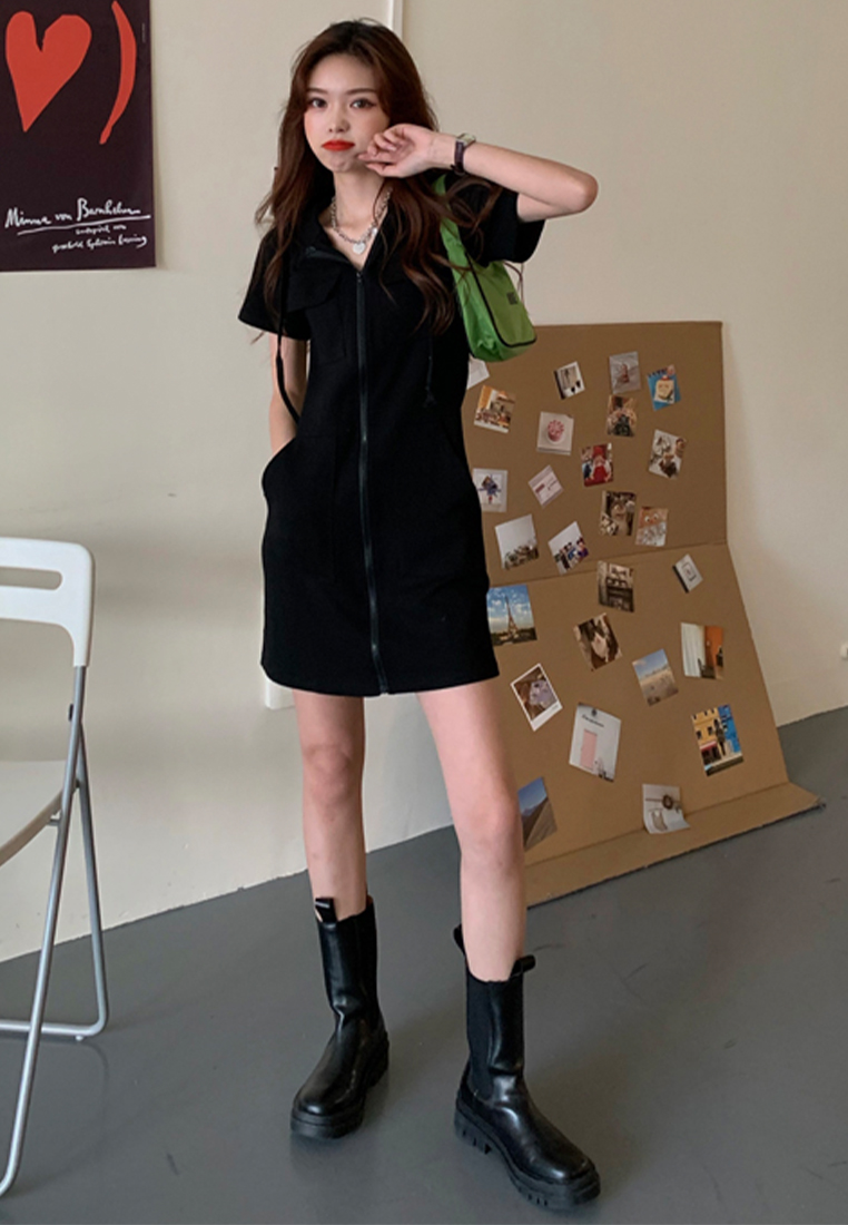 Korean style summer short-sleeved hooded midi dress CA24050603W