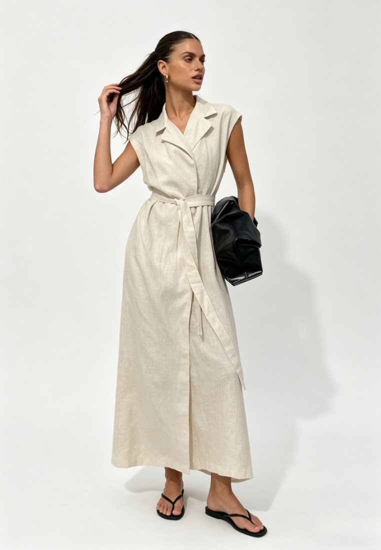 Chic Beige Linen Sleeveless Belted Maxi Dress K26042405