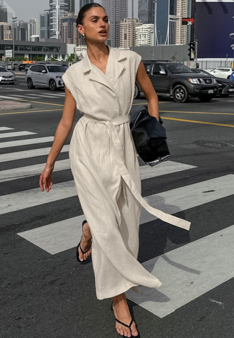 Chic Beige Linen Sleeveless Belted Maxi Dress K26042405