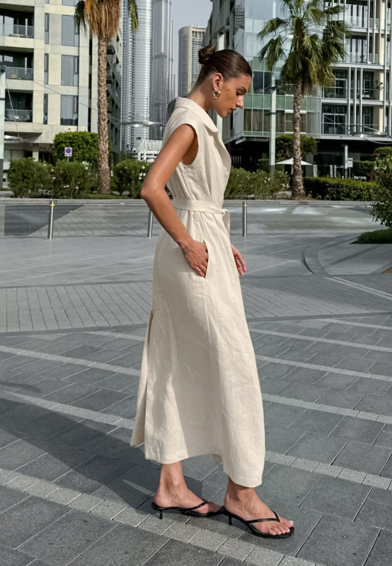 Chic Beige Linen Sleeveless Belted Maxi Dress K26042405