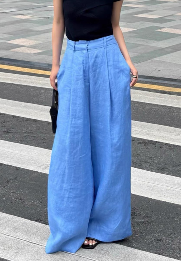 New Summer High-waisted Blue Linen Wide-leg Mopping Pants CA25061730BL