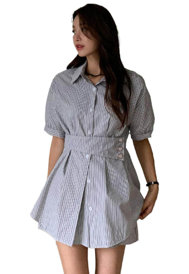 Korean chic striped short-sleeved shirt + wide-leg shorts set CA25060330BL