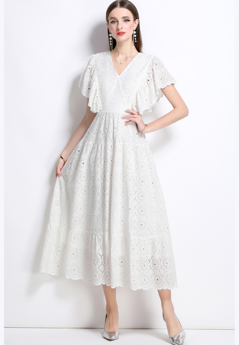 New arrival lace hollow embroidery V-neck ruffle dress CA25070930W