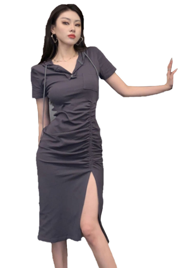 Hooded short-sleeved slit T-shirt long skirt CA24030730GY