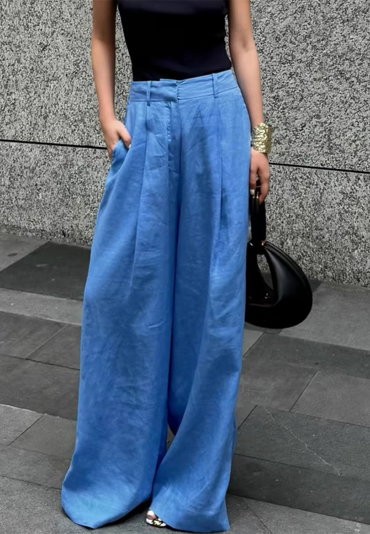 New Summer High-waisted Blue Linen Wide-leg Mopping Pants CA25061730BL