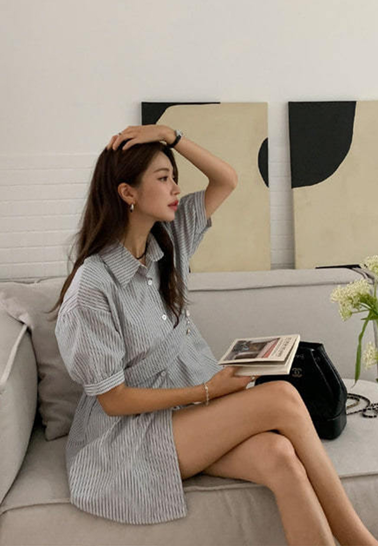 Korean chic striped short-sleeved shirt + wide-leg shorts set CA25060330BL