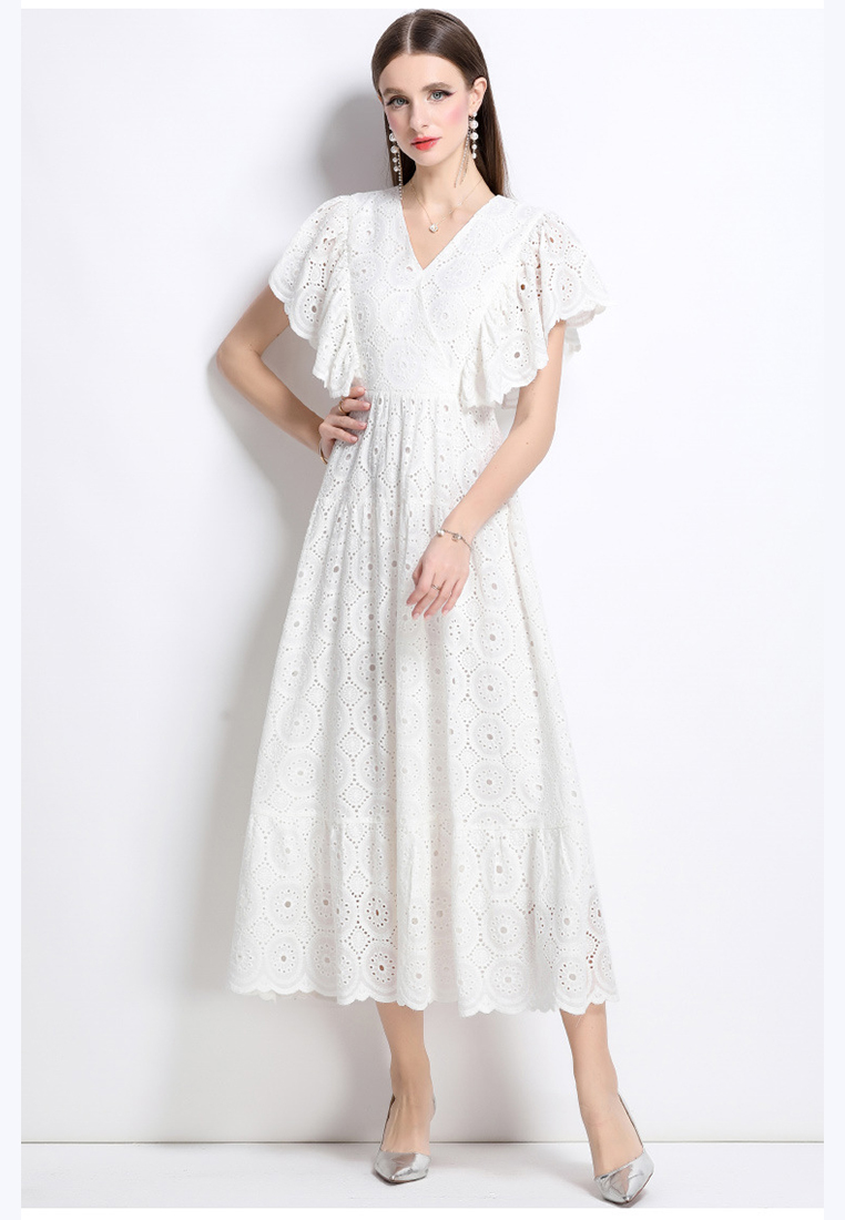 New arrival lace hollow embroidery V-neck ruffle dress CA25070930W