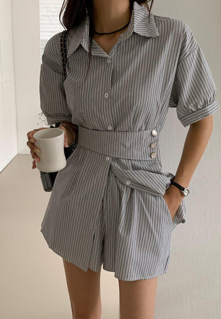 Korean chic striped short-sleeved shirt + wide-leg shorts set CA25060330BL