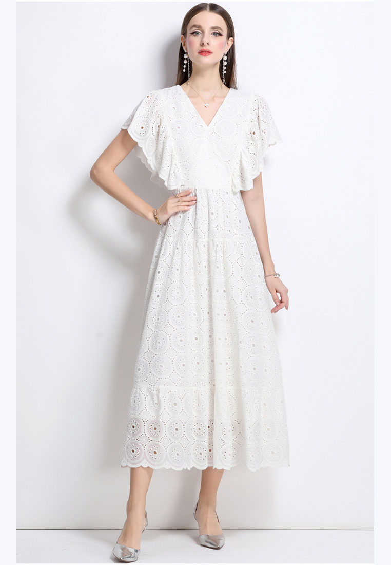 New arrival lace hollow embroidery V-neck ruffle dress CA25070930W