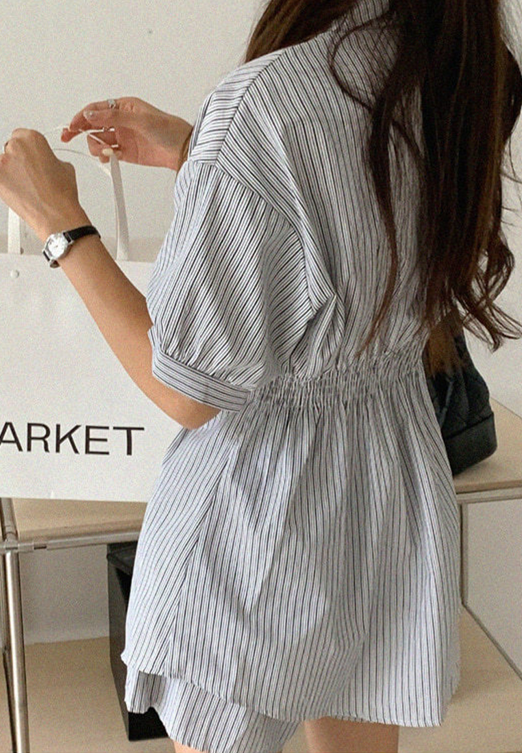 Korean chic striped short-sleeved shirt + wide-leg shorts set CA25060330BL