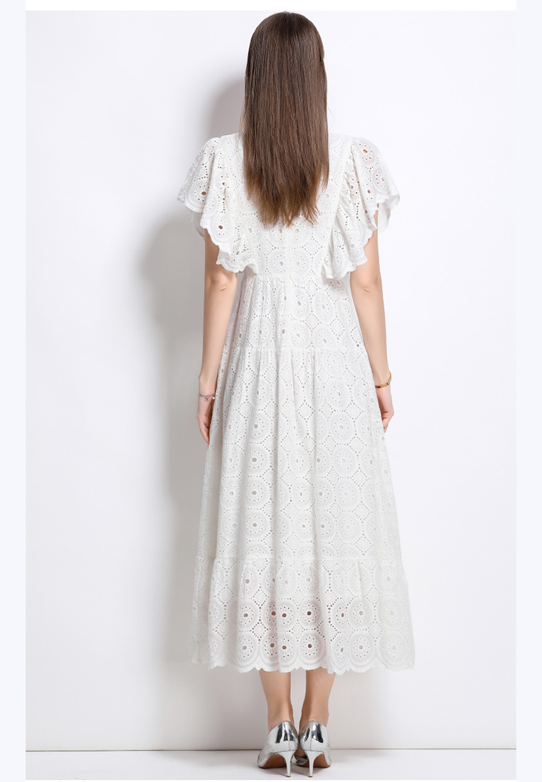 New arrival lace hollow embroidery V-neck ruffle dress CA25070930W