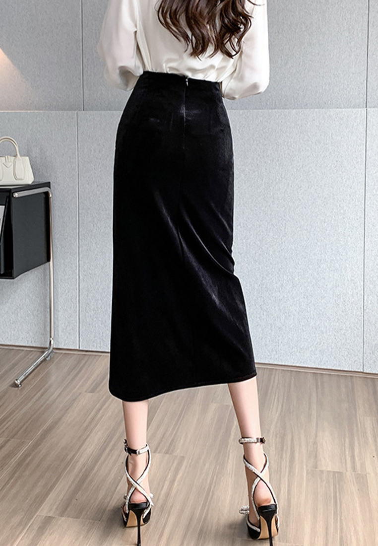 Black Pleated irregular gold velvet elegant skirt CA120430BK