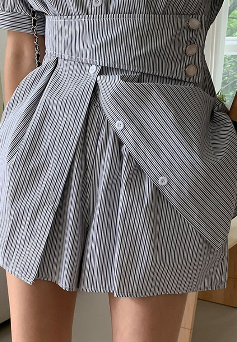 Korean chic striped short-sleeved shirt + wide-leg shorts set CA25060330BL