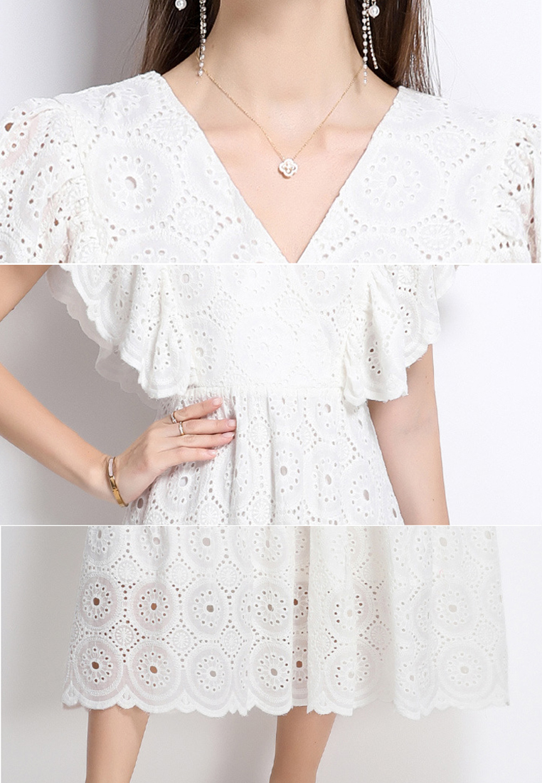 New arrival lace hollow embroidery V-neck ruffle dress CA25070930W