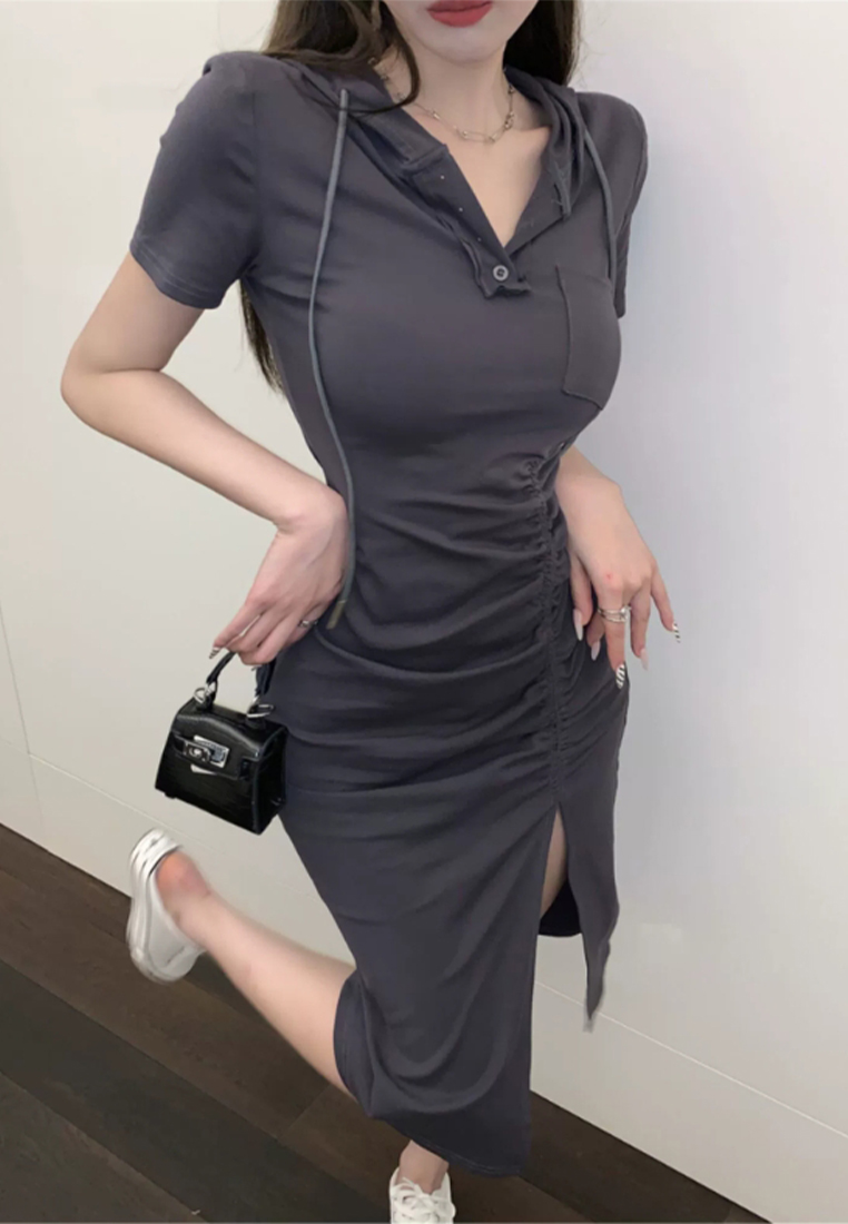 Hooded short-sleeved slit T-shirt long skirt CA24030730GY