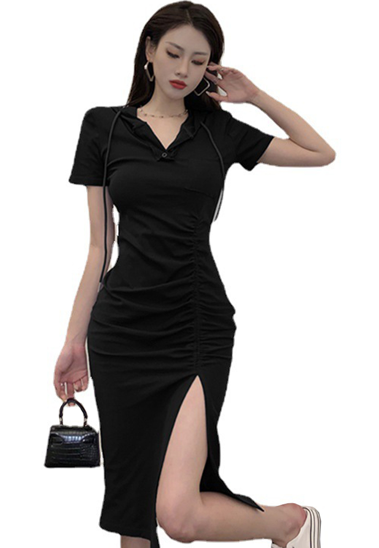 Hooded short-sleeved slit T-shirt long skirt CA24030730GY