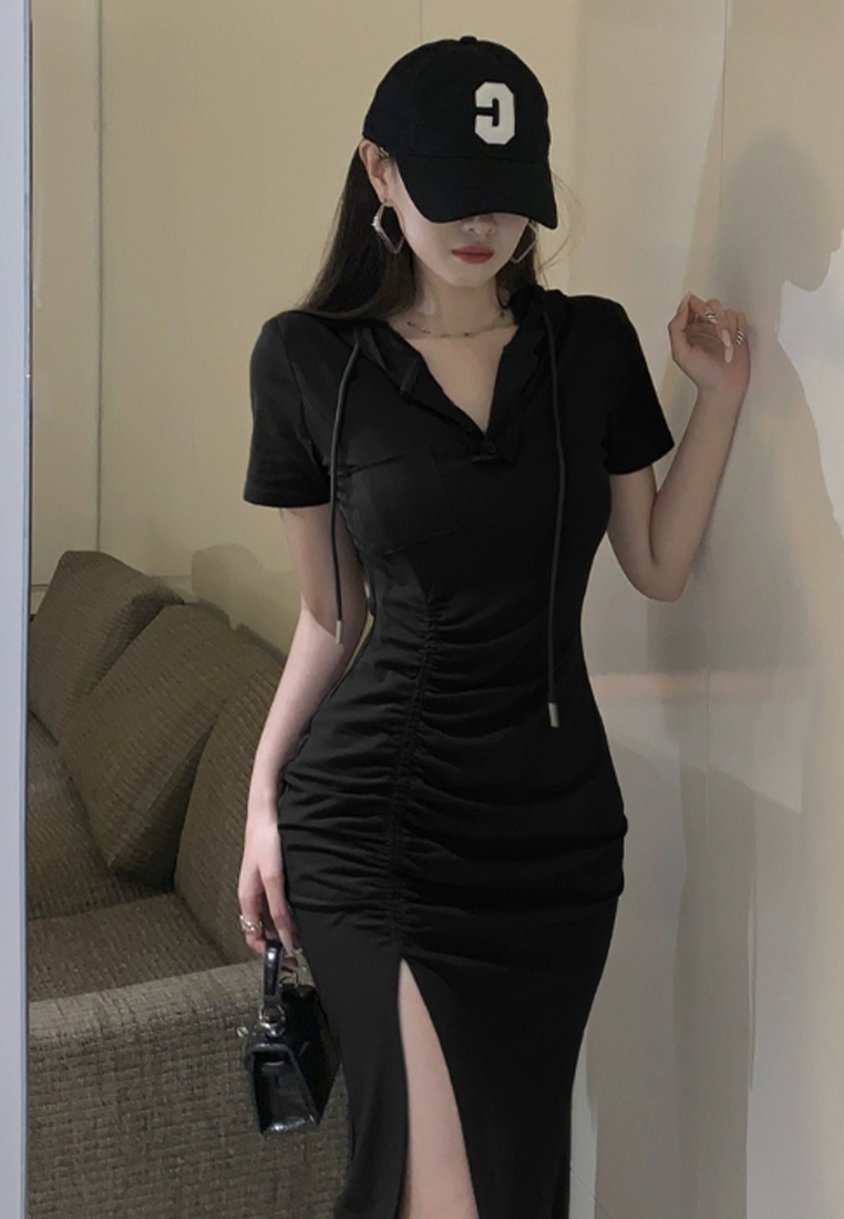 Hooded short-sleeved slit T-shirt long skirt CA24030730GY