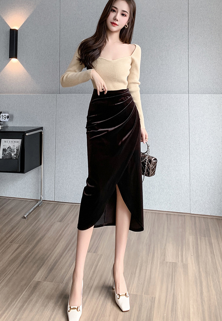 Black Pleated irregular gold velvet elegant skirt CA120430BK
