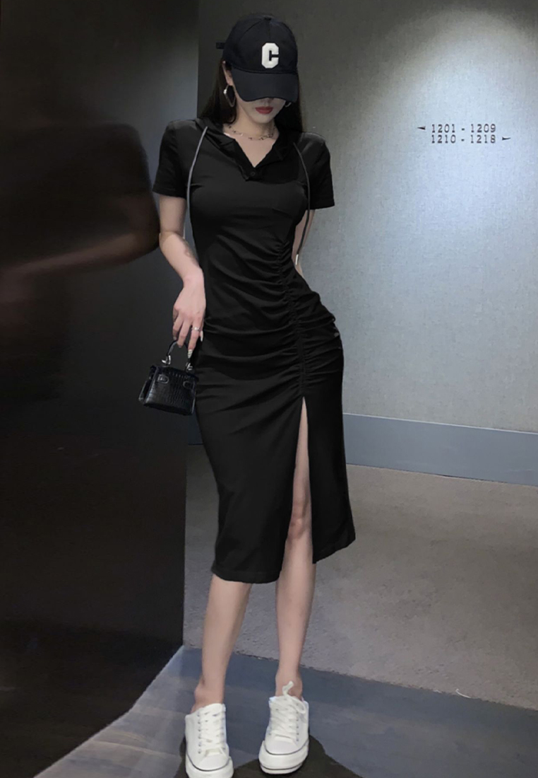Hooded short-sleeved slit T-shirt long skirt CA24030730GY