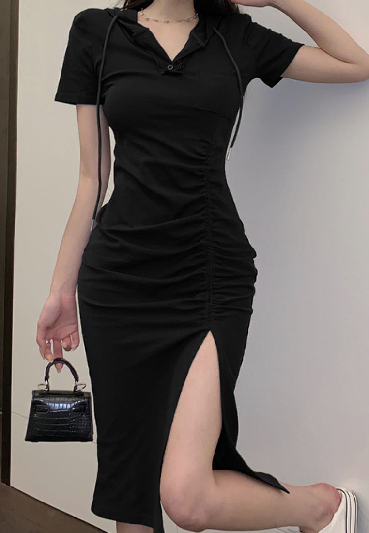 Hooded short-sleeved slit T-shirt long skirt CA24030730GY