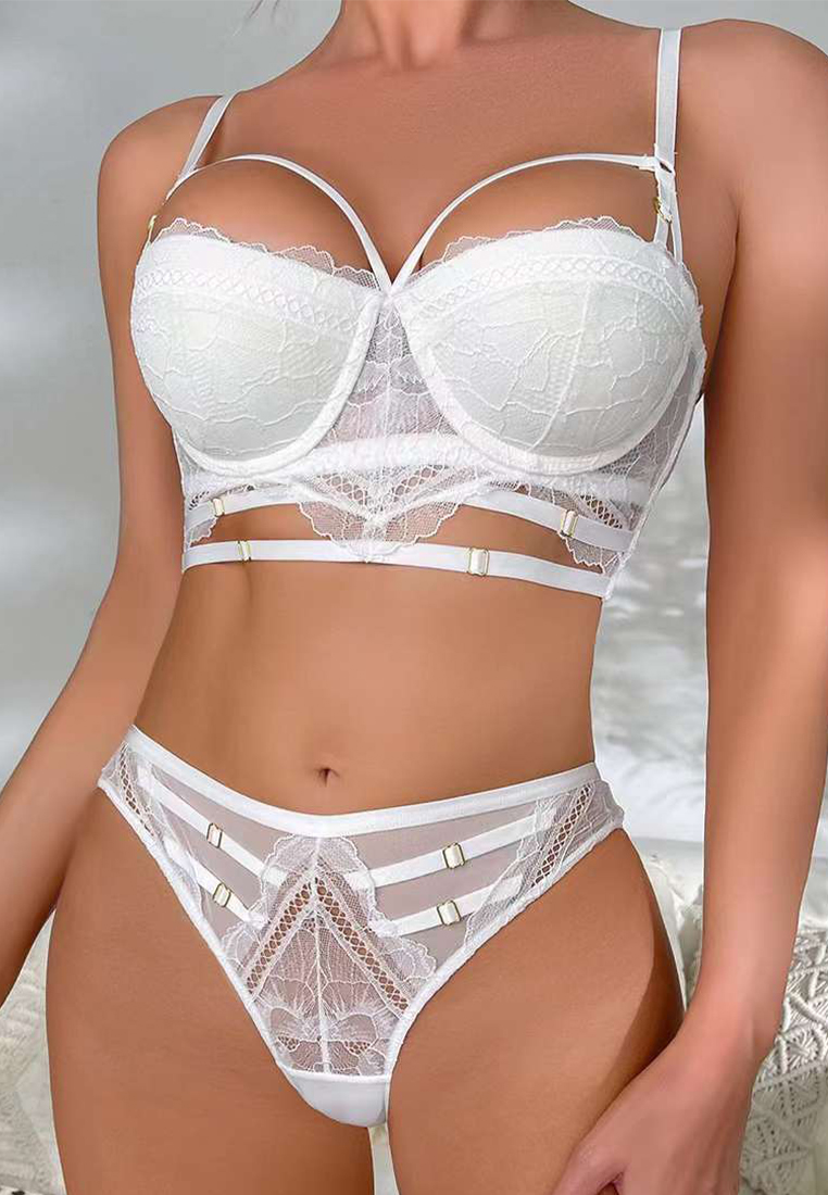 New Hollow Breathable Solid Color Push-Up Strappy Lace Sexy Bra Set CA23050431BK