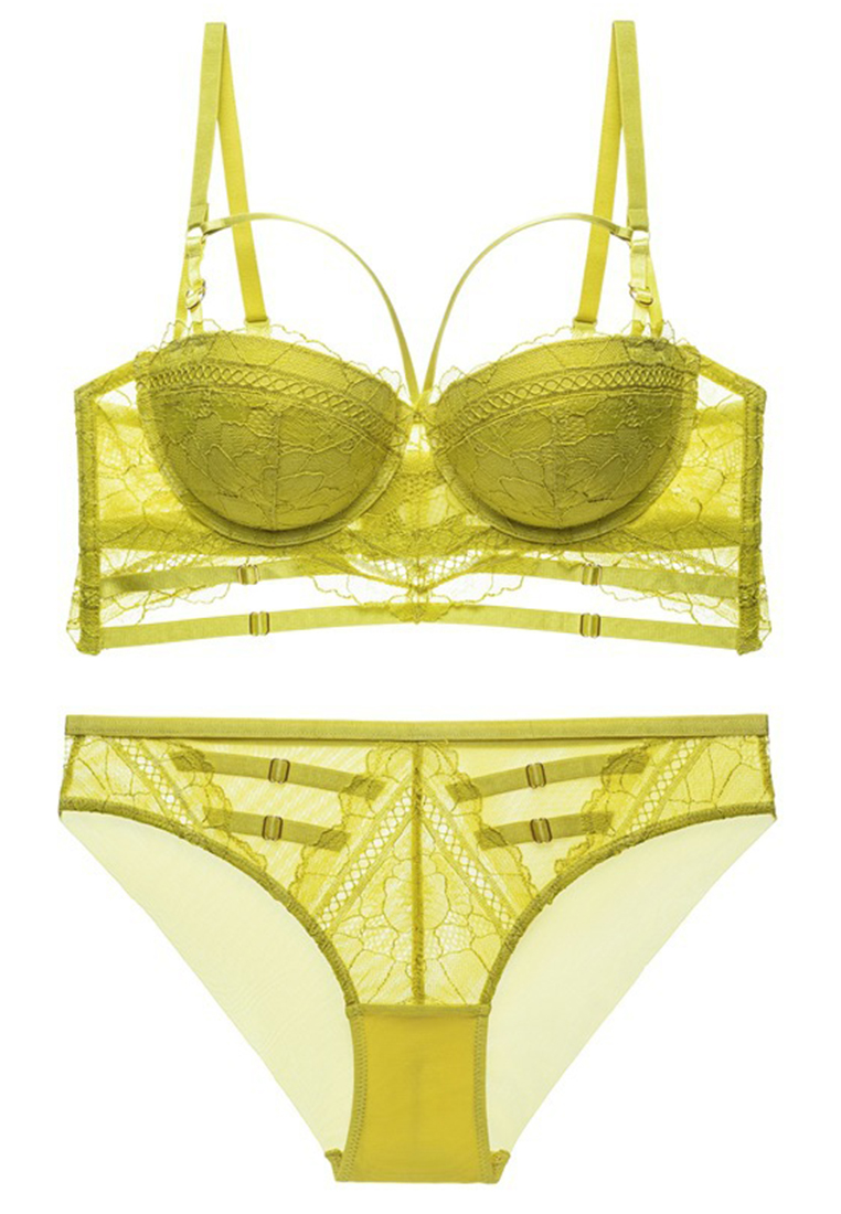 New Hollow Breathable Solid Color Push-Up Strappy Lace Sexy Bra Set CA23050431BK