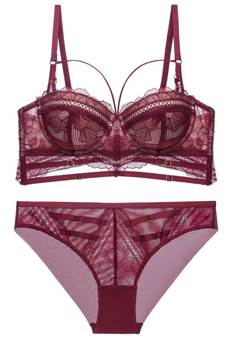 New Hollow Breathable Solid Color Push-Up Strappy Lace Sexy Bra Set CA23050431BK