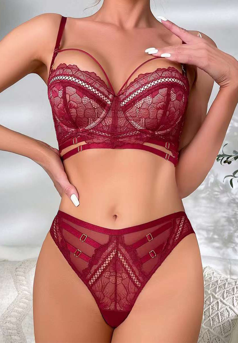 New Hollow Breathable Solid Color Push-Up Strappy Lace Sexy Bra Set CA23050431BK