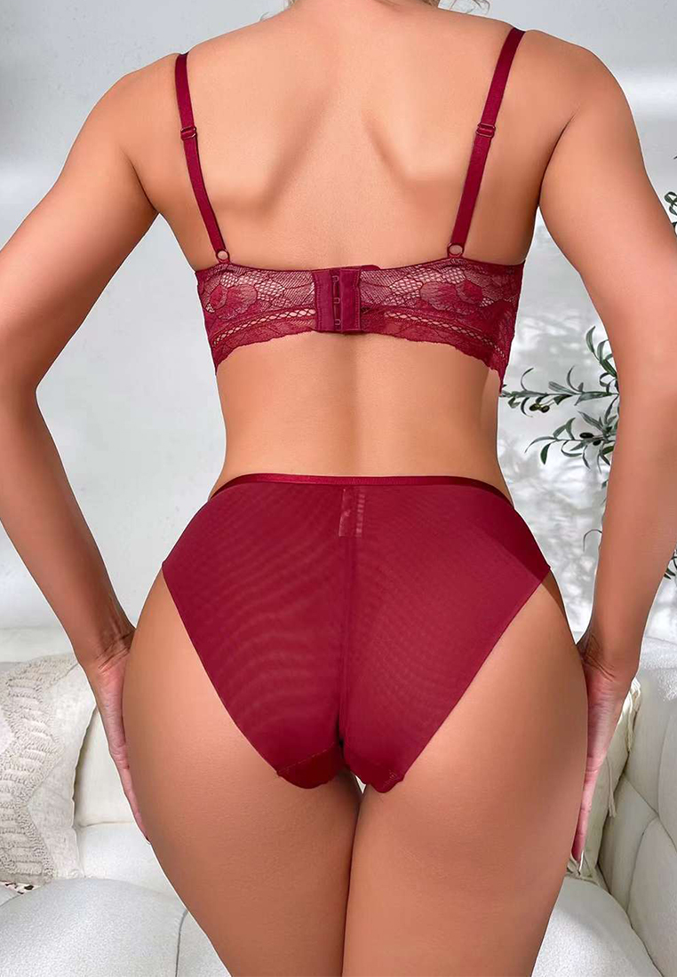 New Hollow Breathable Solid Color Push-Up Strappy Lace Sexy Bra Set CA23050431BK