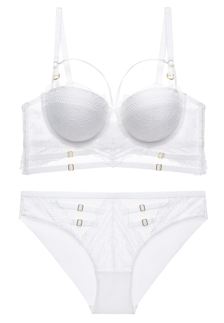 New Hollow Breathable Solid Color Push-Up Strappy Lace Sexy Bra Set CA23050431BK