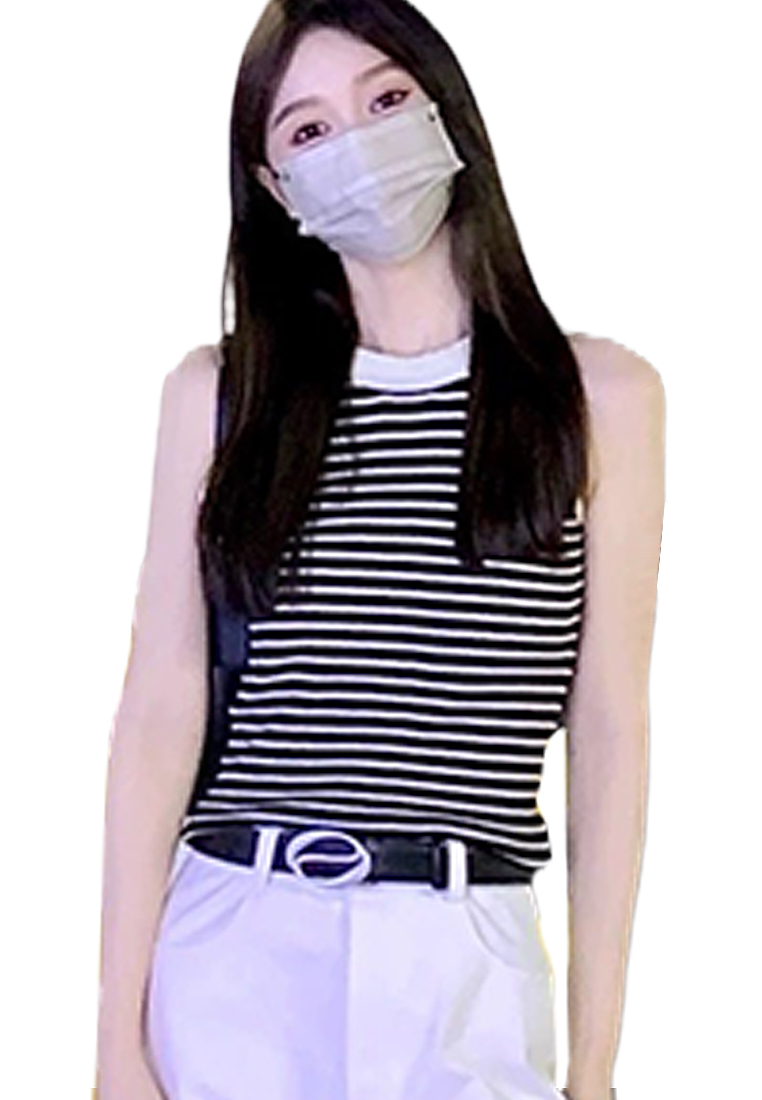 Korean simple contrast striped halterneck sweater top CA24050631