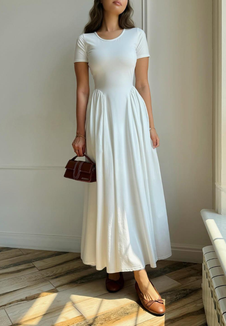 Round neck solid color temperament short sleeve dress CA25091431W