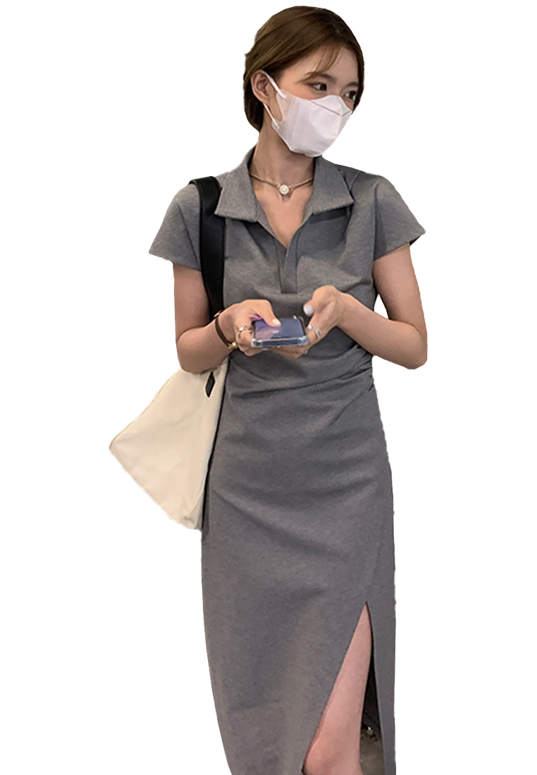 Polo temperament high-waisted slit casual t-shirt long skirt CA24030731GY