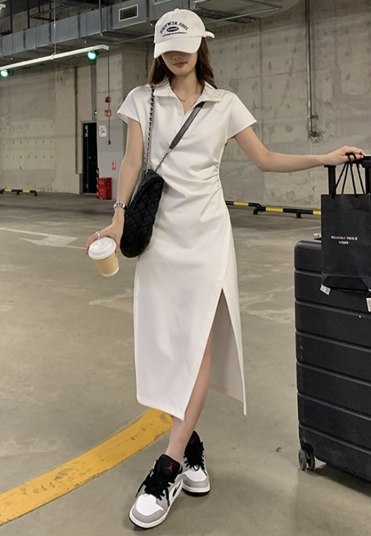 Polo temperament high-waisted slit casual t-shirt long skirt CA24030731GY