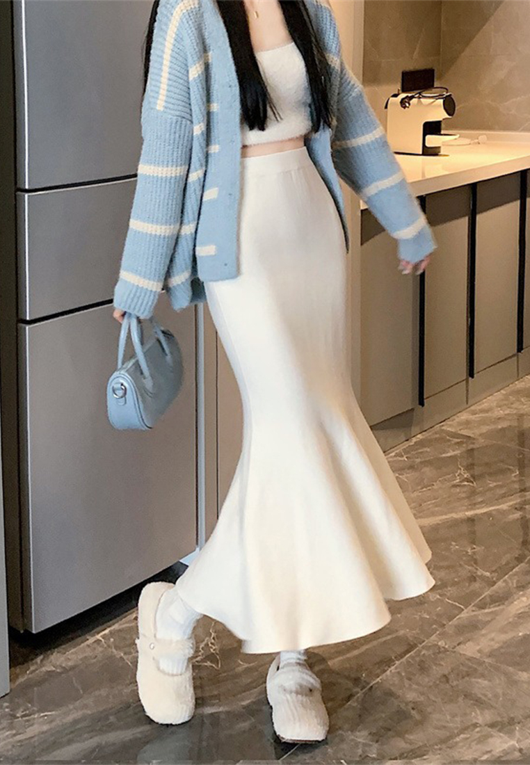 White knitted elegant A line high waisted fishtail skirt CA120431W