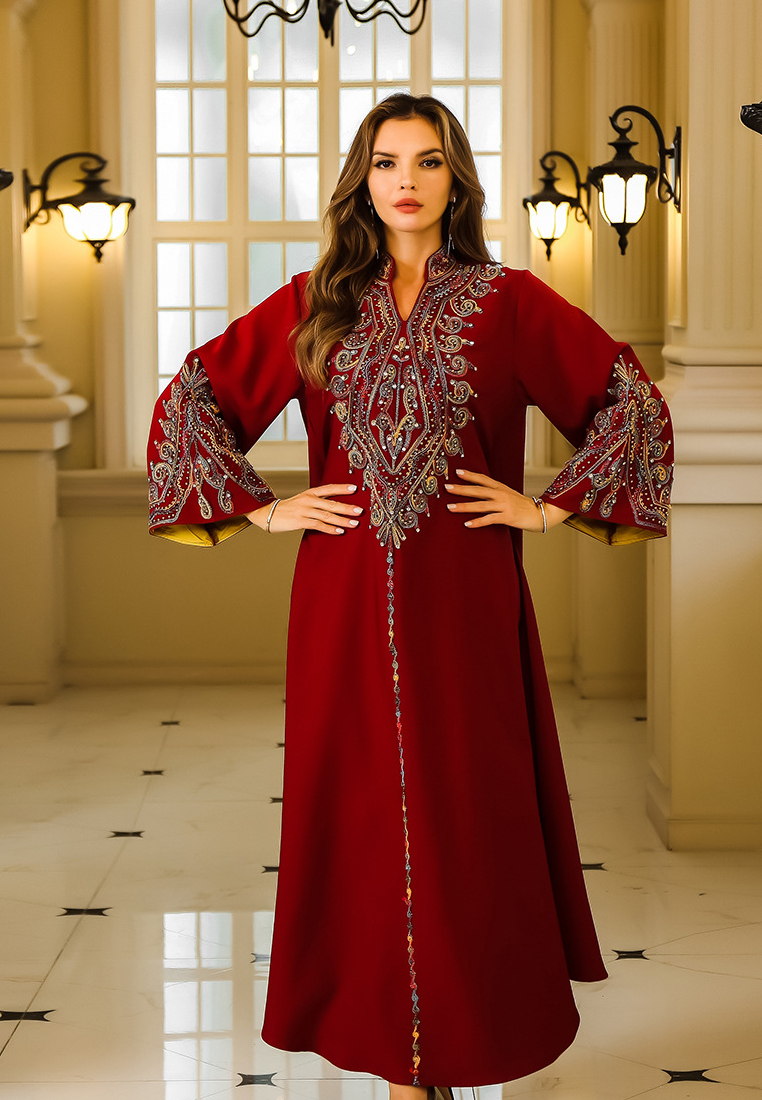 2024 Rope Embroidery Women's Loose Dress Muslim Robe CA24090331RD