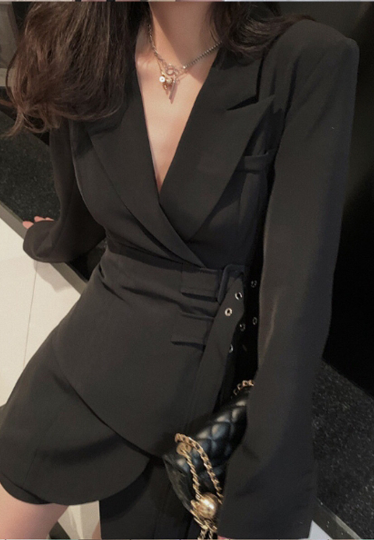 Korean style waist cinching dress CA24111231BK